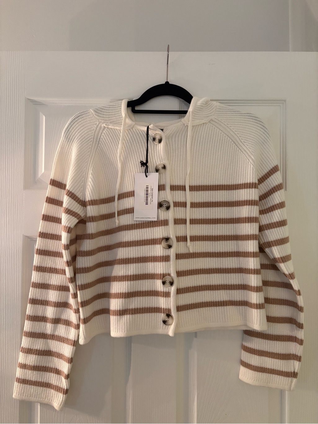 Sara Campbell Cream And Tan Striped Button Hoodie Cardigan
